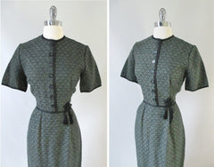 Vintage 50's Green Floral Knit Sheath Dress Tassel Detail M - Bombshell Bettys Vintage