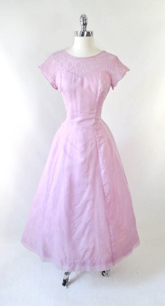 Vintage 50's Lilac Chiffon Illusion Lace Formal Gown / Party Dress M - Bombshell Bettys Vintage