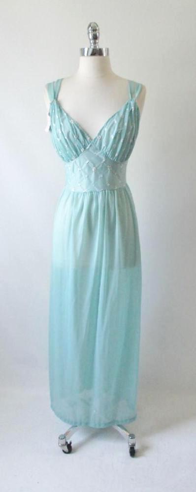 • Vintage 50's Teal Embroidered Flowers Full Length Night Gown S - Bombshell Bettys Vintage