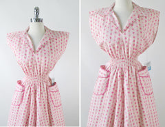 Vintage 50's Pink Roses Full Skirt Day / House Dress New Old Stock M - Bombshell Bettys Vintage