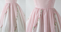 Vintage 50's Pink & White Embroidered Flower Fit & Flair Party Dress S - Bombshell Bettys Vintage