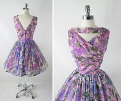Vintage 50's Sheer Purple Floral Organdy Full Skirt Party Dress M - Bombshell Bettys Vintage