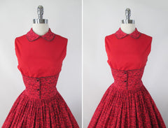 Vintage 50's Red Floral Full Skirt Day Dress M - Bombshell Bettys Vintage