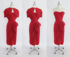 • Vintage 50's Red Rayon Strapless Sarong Evening Party Dress / Bolero Set XS - Bombshell Bettys Vintage