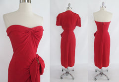 • Vintage 50's Red Rayon Strapless Sarong Evening Party Dress / Bolero Set XS - Bombshell Bettys Vintage