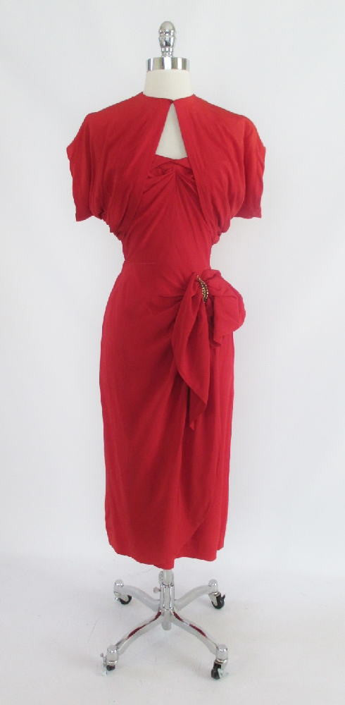 • Vintage 50's Red Rayon Strapless Sarong Evening Party Dress / Bolero Set XS - Bombshell Bettys Vintage