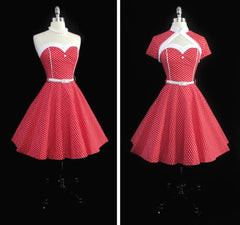 Vintage 50's Look Red Polka Dot Fit & Flare Dress Matching Bolero L / 14 - Bombshell Bettys Vintage