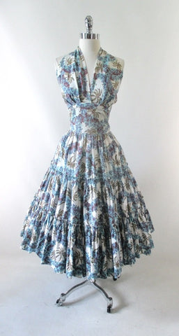 Vintage 50's Tropical Palm Hawaiian Style Full Skirt Halter Dress S
