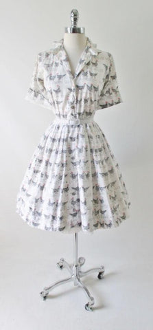 Vintage 50's French Hens Novelty Print Full Skirt Shirtwaist Day Dress S /M