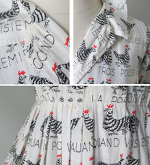 Vintage 50's French Hens Novelty Print Full Skirt Shirtwaist Day Dress S /M - Bombshell Bettys Vintage