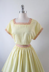 Vintage 50's 60's Sunny Yellow Full Skirt Party Day Dress L - Bombshell Bettys Vintage