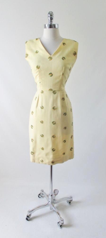 Vintage 50's Yellow Linen Embroidered Sheath Dress S - Bombshell Bettys Vintage