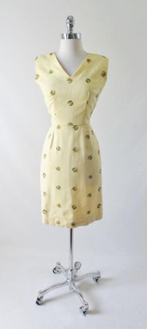 Vintage 50's Yellow Linen Embroidered Sheath Dress S