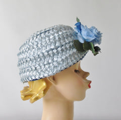 Vintage 60s Light Blue Rose Straw Bucket Hat - Bombshell Bettys Vintage