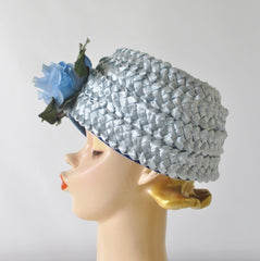 Vintage 60s Light Blue Rose Straw Bucket Hat - Bombshell Bettys Vintage