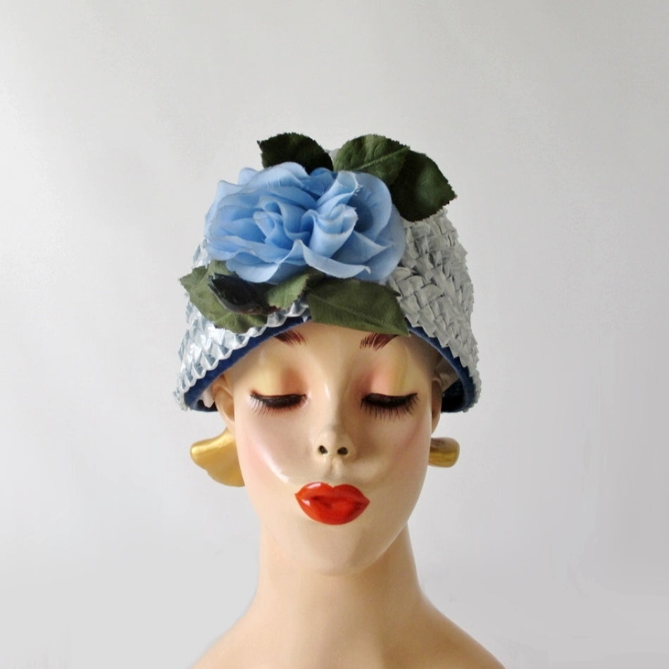 Vintage 60s Light Blue Rose Straw Bucket Hat - Bombshell Bettys Vintage