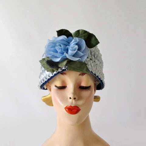 Vintage 60s Light Blue Rose Straw Bucket Hat