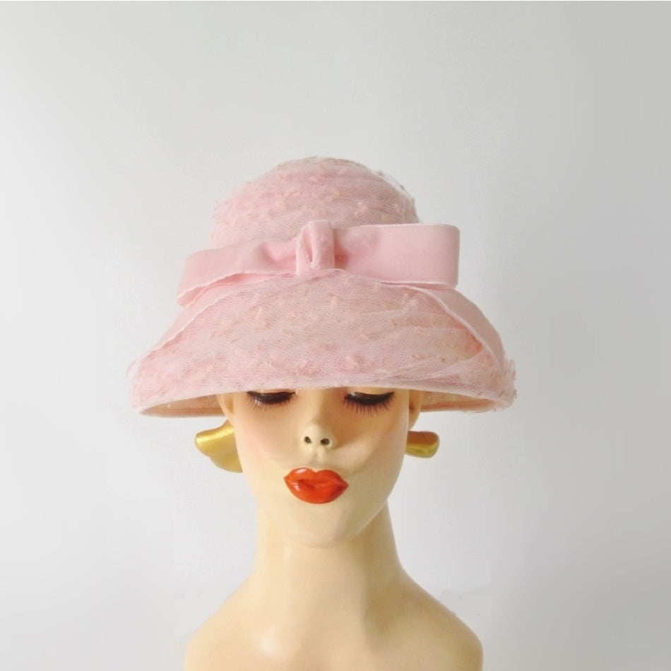 Vintage 60s Pink Tulle & Velvet Bow Beehive Bucket Hat - Bombshell Bettys Vintage