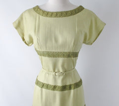 Vintage 50s Linen & Lace Sheath Dress M - Bombshell Bettys Vintage