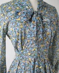 Vintage 50s Blue Yellow Flower Stroller Day Dress M - Bombshell Bettys Vintage