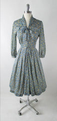 Vintage 50s Blue Yellow Flower Stroller Day Dress M - Bombshell Bettys Vintage