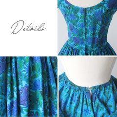 Vintage 50's Blue Purple Floral Fit & Flare Bubble Hem Party Dress S details  - Bombshell Bettys Vintage
