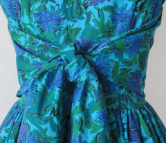 Vintage 50's Blue Purple Floral Fit & Flare Bubble Hem Party Dress S tie knot - Bombshell Bettys Vintage