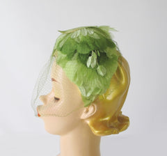 Vintage 50s Green Spring Leaves Netted Veil Headband Hat - Bombshell Bettys Vintage