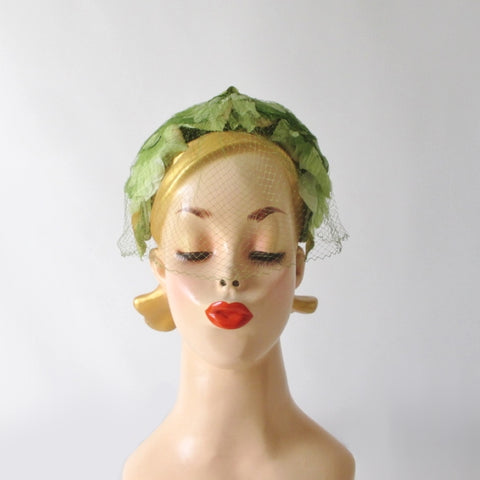 Vintage 50s Green Spring Leaves Netted Veil Headband Hat