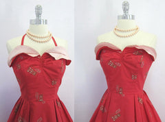 • Vintage 50's Watermellon Pink and Gold Petal Bust Full Swing Skirt Hawaiian Dress XS S - Bombshell Bettys Vintage