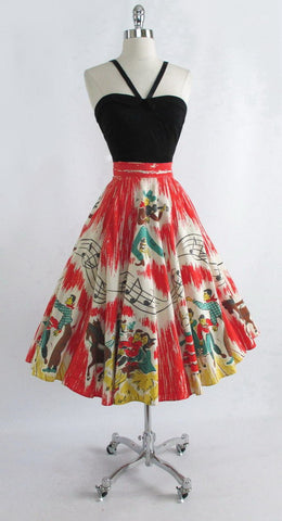 z Vintage 1950's Country Hayride Barn Dance Music Note Novelty Circle Skirt S M