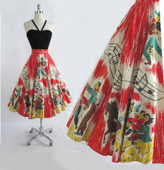 z Vintage 1950's Country Hayride Barn Dance Music Note Novelty Circle Skirt S M - Bombshell Bettys Vintage