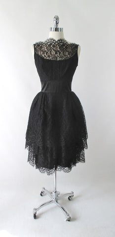 Vintage 60's 50's Black Tiered Lace & Satin Party Dress S