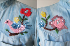 • Vintage 70's Tie Dye Western Cut Sequins & Beaded Bird Shirt / Jean Jacket - Bombshell Bettys Vintage