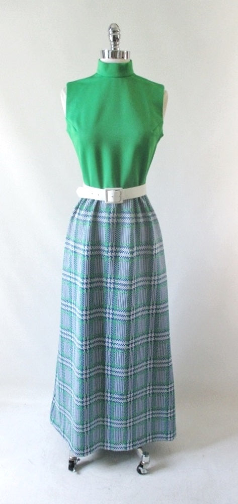 Vintage 70's MOD Green & Blue Plaid Maxi Dress M - Bombshell Bettys Vintage
