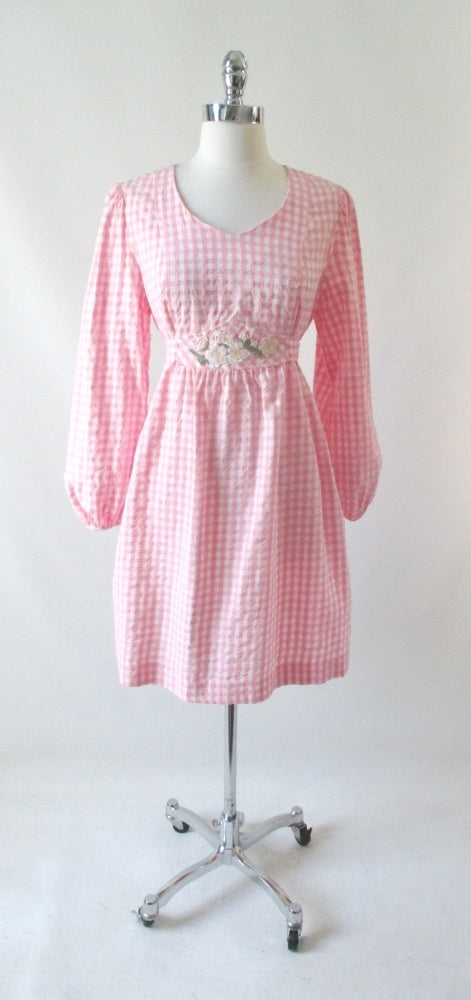 Vintage 70's Pink Gingham Seersucker Dolly Dress L - Bombshell Bettys Vintage