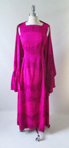 • Vintage 60's 70's Bold Purple Pink Watteau Maxi Dress & Matching Wrap XS