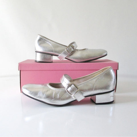 Vintage 60's Silver Mary Jane Square Dance Shoes In Box 8 1/2