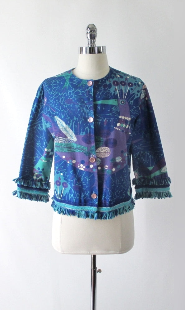 Vintage 60's Cropped Rhinestone Collar Peacock Jacket L - Bombshell Bettys Vintage