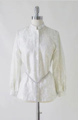 Vintage 60's MOD Silver Damask White Satin Nehru Evening Blouse / Jacket L - Bombshell Bettys Vintage