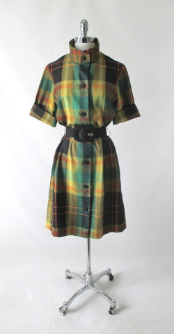 Vintage 60s Plaid Koratron MOD Shirt Dress L