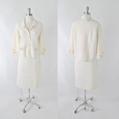 Vintage 60s White Pearl Rhinestone Wool Knit Suit L - Bombshell Bettys Vintage