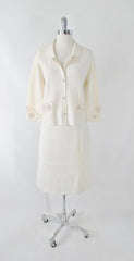 Vintage 60s White Pearl Rhinestone Wool Knit Suit L - Bombshell Bettys Vintage