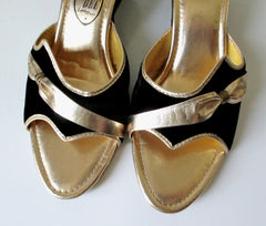 Vintage 60's Black Velvet & Gold Wedge Slip-On Shoes / Slippers 9 - Bombshell Bettys Vintage