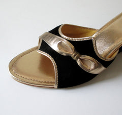 Vintage 60's Black Velvet & Gold Wedge Slip-On Shoes / Slippers 9 - Bombshell Bettys Vintage