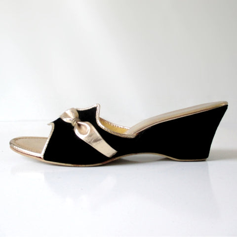 Vintage 60's Black Velvet & Gold Wedge Slip-On Shoes / Slippers 9