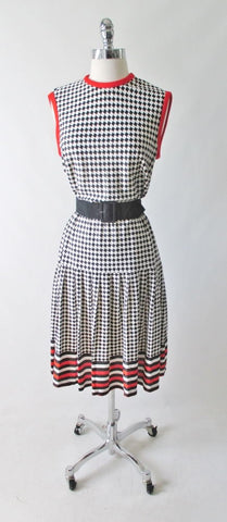 Vintage 60's Black White Checker Weave Pattern Day Dress L