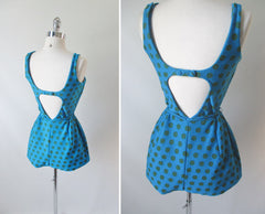 Vintage 60's Blue Green Polka Dot Playsuit Swimsuit Romper M - Bombshell Bettys Vintage