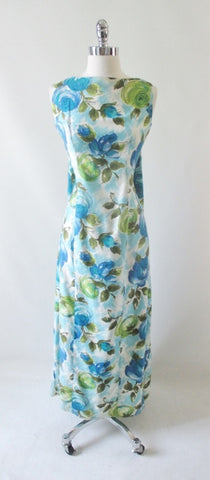 Vintage 60's Blue Roses Watteau Pleat Maxi Dress M