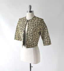 Vintage 60s Gold Lame Jaquard Evening Bolero Jacket S - Bombshell Bettys Vintage